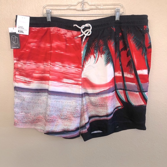Original Use Men's 7" Elastic Waist Red and Black Tropical Swim Shorts Size XXL - Picture 1 of 13